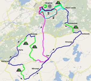 −−−: Circuito de 11 km con 3 vueltas −−−: Circuito de 15,2 km con 3 vueltas −−−: Comienzo del circuito largo −−−: Fin del circuito largo de 66,7 km, recorrido una vez