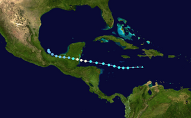 Map plotting the track and the intensity of the storm, according to the Saffir–Simpson scale