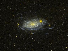 M63 imaged in UV light by the GALEX satellite. The UV light is produced primarily by young, massive stars, so the UV-bright areas are regions where stars are currently forming.[18] Credit NASA / WikiSky