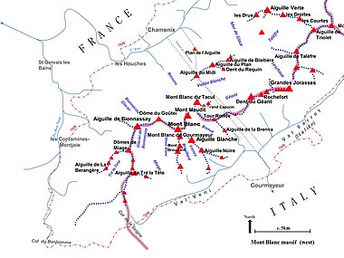 Map of western half of the Mont Blanc massif, showing main summits, ridges and valleys