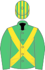 Emerald green, yellow cross sashes, striped cap