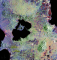 Satellite image showing the Main Crater lake on Volcano island, Taal Lake.