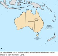 Map of the change to the founding colonies of Australia on 26 September 1844