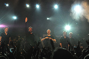 Duran Duran at SXSW in Austin, Texas, 2011. L–R: John Taylor (bass), Simon Le Bon (lead vocals), Dominic Brown (guitar), Roger Taylor (drums) and Nick Rhodes (keyboards).