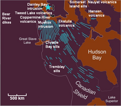 Map of the Mackenzie Large Igneous Province and its sub-features. Blue star marks the approximate focal point for the 1,270 million year old magmatic activity.