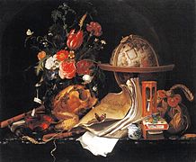 Vanitas con una calavera, libros, flores en un jarrón y un globo celeste (1668), de Maria van Oosterwijck, Museo de Historia del Arte de Viena