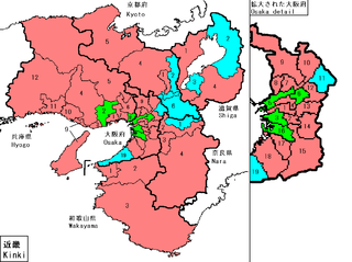 Single member results -- LDP in red, DPJ in light blue, Kōmeitō in green