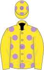 Yellow, mauve spots, yellow sleeves