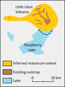 Diagram showing the locations of rock outcrops, prehistoric lakes and the inferred maximum extent of a geological formation.