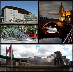 Clockwise from top: Panorama from mount Artxanda, Church of San Antón, Bilbao Guggenheim Museum, a fosterito, and the Euskalduna Palace