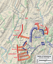 Map of July 2 and Gettysburg. An advanced Union line is overrun by Confederate attacks