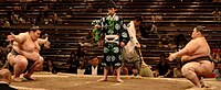 Two sumo wrestlers standing at opposite sides of the ring