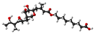 Ball-and-stick model of the pseudomonic acid A molecule, the principal component of mupirocin