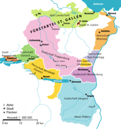 The old Bestandteile of the Canton of St. Gall, showing the County of Toggenburg in pink.