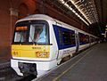 Class 168/0 unit 168003 at Marylebone. The /0 class features the original cab design.