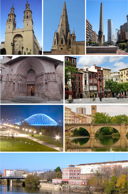 From left to right and from top to bottom: Co-Cathedral of Santa María de la Redonda, Imperial Church of Santa María de Palacio, Monument to the Labrador and Capitol Building, Church of San Bartolomé, Plaza del Mercado, Puente de PiedCharra with views towards the Church of Santiago, Sagasta Bridge, House of Sciences with views of the Ebro River and the Iron Bridge