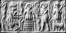 A depiction taken from an ancient Sumerian cylinder seal showing the god Dumuzid being brutally tortured in the Underworld by fierce galla demons