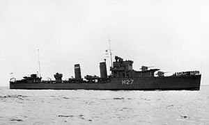 HMS Electra before the war wearing the single white stripe of the 5th Destroyer Flotilla