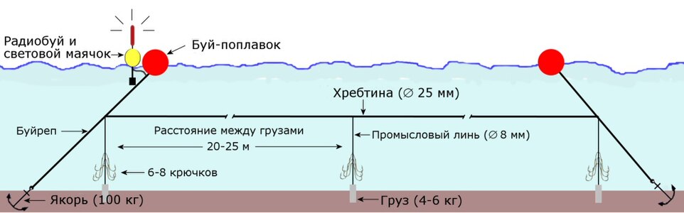 Схема постановки донного тротлайн-яруса