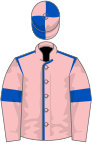 Pink, royal blue seams and armlets, quartered cap