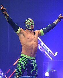 A masked wrestler, posing on the turnbuckles during a wrestling event