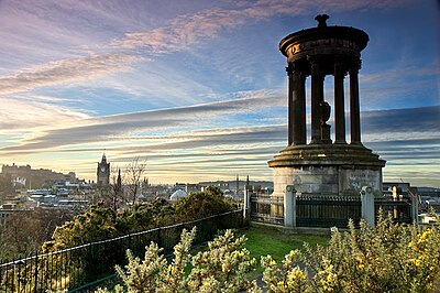 View over Edinburgh, with the Dugald Stewart Monument in the foreground