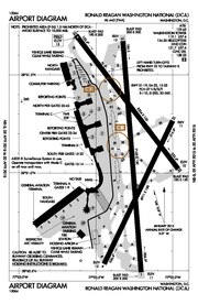 A map with a grid overlay showing the terminals runways and other structures of the airport.