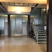 Glass bricks forming ceiling, stairs and wall in an apartment building Immeuble Clarté in Geneva.