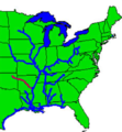 Inland waterway system with McClellan-Kerr Navigational Channel shown in red.