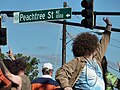 People celebrating on Peachtree Street