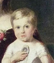 A painting of a blond toddler in a white dress being supported by another child wearing a blue dress.