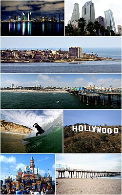 Southern California Images top from bottom, left to right: San Diego Skyline, Downtown Los Angeles, Village of La Jolla, Santa Monica Pier, Surfer at Black's Beach, Hollywood Sign, Disneyland, Hermosa Beach Pier