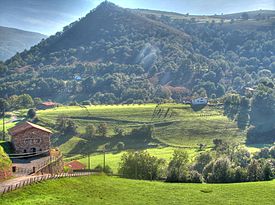 Paisaje del País Vasco, en España. En el clima oceánico las lluvias son abundantes e indefinidas la mayor parte del año, aunque con temperaturas frescas todo el año.