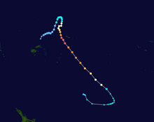 Heta formed in the upper center of the map before moving generally northeastward. The storm then curved to the southeast and continued on that course until it became extratropical.