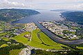 Orkanger seen towards north, with Orkdal Fjord in the background. By Åge Hojem, Trondheim havn.