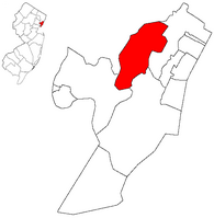 Location of Secaucus within Hudson County. Inset: Location of Hudson County highlighted in the State of New Jersey.