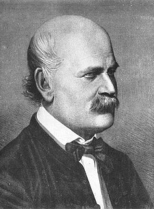 An engraved portrait of Semmelweis: a mustachioed, balding man in formal attire, pictured from the chest up.