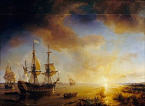 A painting of a group of ships on the left, sailing into a sunset on the right.