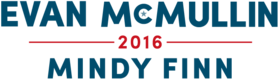 McMullin's campaign logo, with the name "EVAN MCMULLIN" in large blue letters on top, the number "2016" breaking a red horizontal line in the middle, and the name "MINDY FINN" in smaller blue letters on bottom