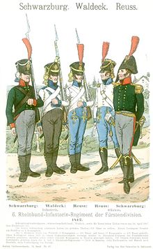 Print depicts five soldiers. From left to right, the first man sports a green coat and gray breeches. The second soldier wears a white coat with blue facings and dark gray trousers. The third and fourth are dressed in white coats with light blue pants. The fifth man wears the same green and gray as the first, but his headgear is a bicorne hat. The other four wear black shakos with plumes.