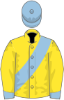 Yellow, light blue sash, cuffs and cap