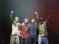 Rage Against the Machine at Vegoose in October 2007. Left to right: Tim Commerford, Zack de la Rocha, Brad Wilk, Tom Morello