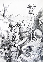 A drawing shows three soldiers raising a dummy head on a stick above a trench parapet. A cigarette hangs from the dummy's mouth. One man holds a periscope at the ready.