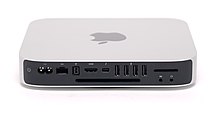 Back panel of a 2012 Mac Mini. From left to right power button, AC power supply plug, Gigabit Ethernet, FireWire 800, HDMI, Thunderbolt/Mini-DisplayPort, USB 3.0 ports, SDXC card slot, audio in, audio out