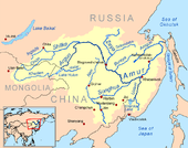 Drainage basin of the Amur River, also showing the island of Sakhalin in the east