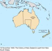 Map of the change to the founding colonies of Australia on 16 November 1840