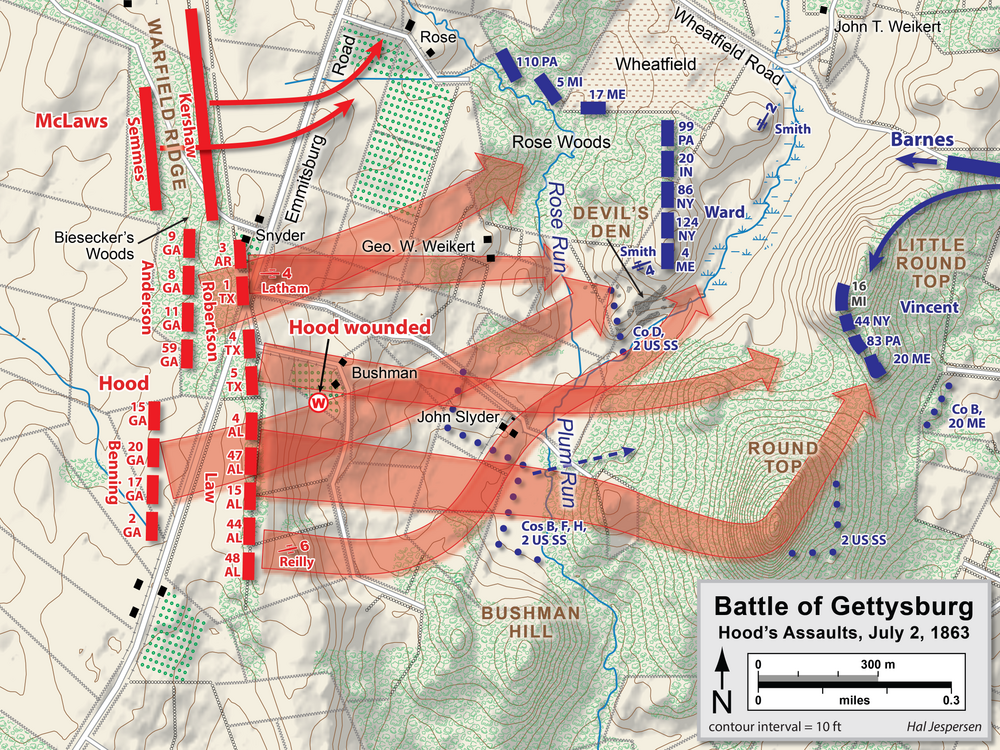 The first wave of Hood's assault, 17th Maine fires on flank of 3rd Arkansas