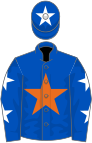 Royal blue, orange star, royal blue sleeves, white stars, royal blue cap, white star