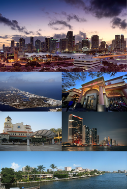 From top, left to right: Skyline of Greater Downtown Miami, Aerial view of Fort Lauderdale, Sawgrass Mills, The Square at West Palm Beach, Skyline of Miami Beach, and view of Boca Raton