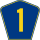 A blue pentagon-shaped highway marker with a yellow numeral 1